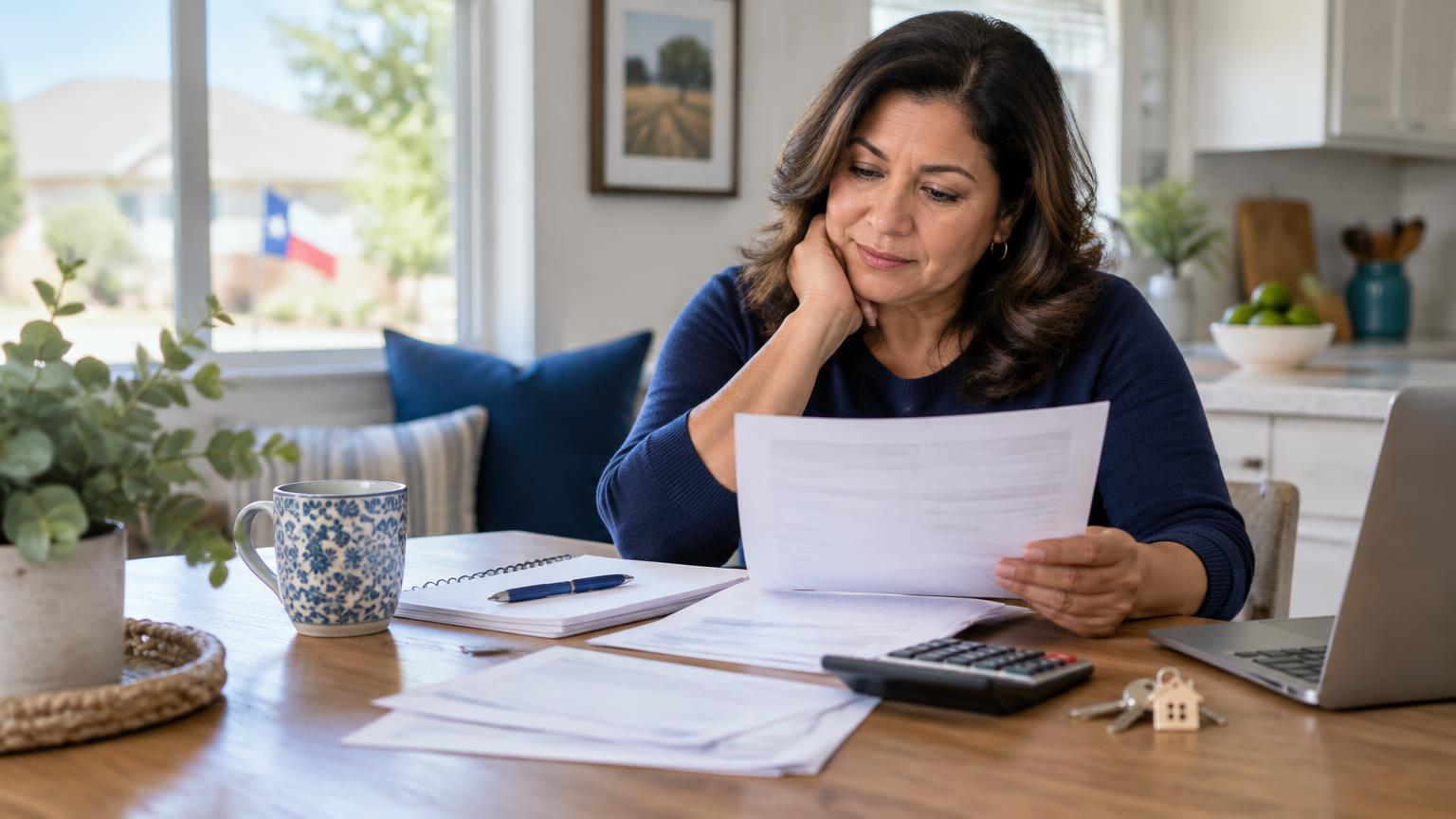 A Texas homeowner reviewing adjustable-rate mortgage paperwork at her kitchen table with a calculator and house keys nearby.