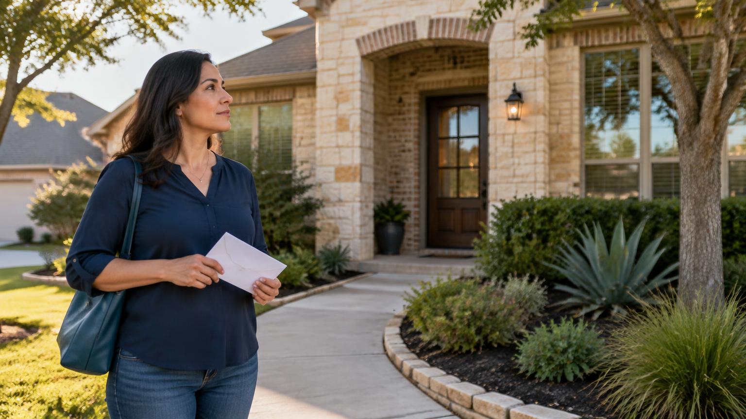 A Texas homeowner holding an envelope while thoughtfully looking at her suburban home.