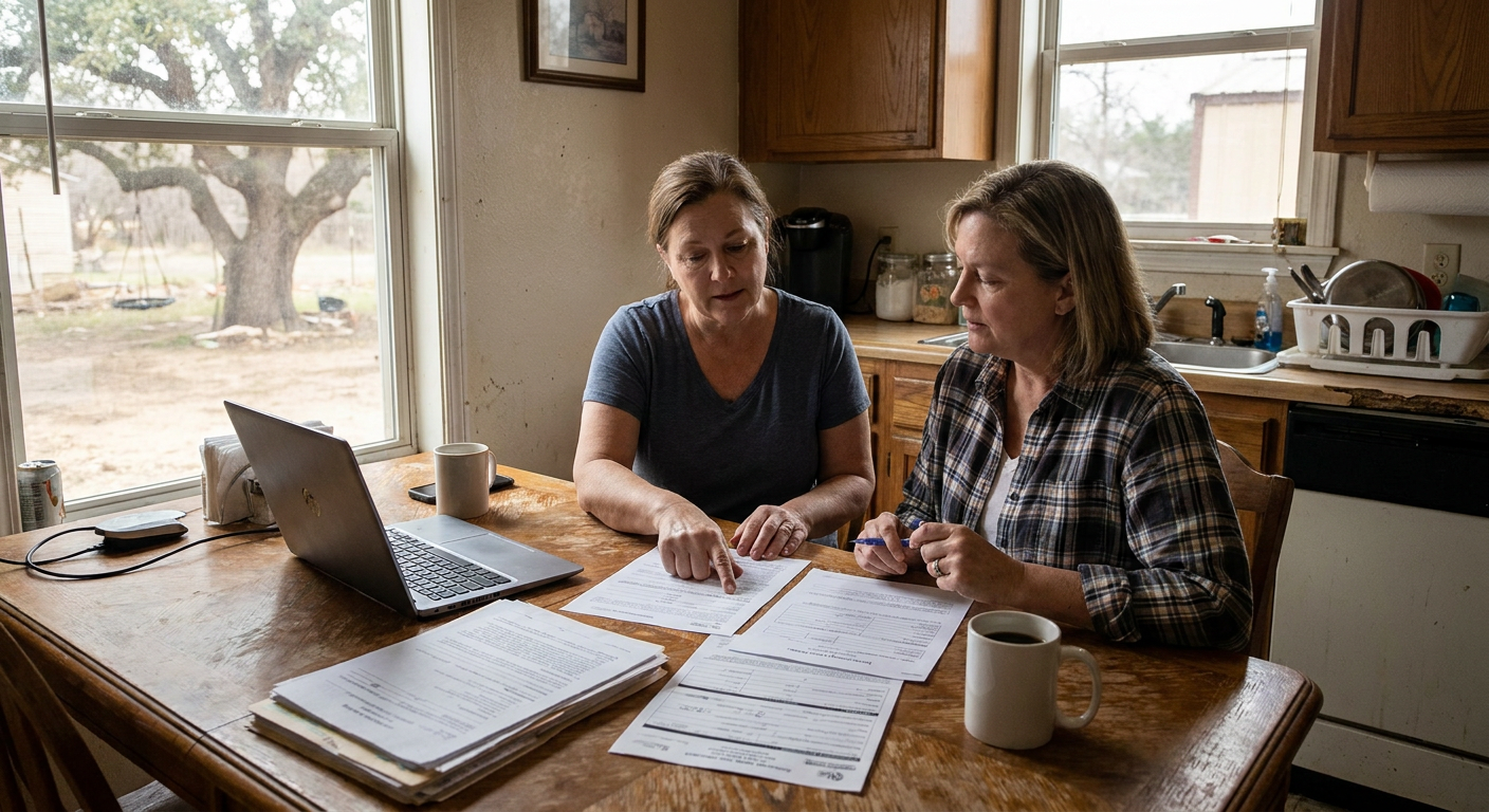 Two people, one older and one younger, sitting at a table with documents, looking concerned but supportive, symbolizing a friend or family member helping a homeowner navigate difficult paperwork relat